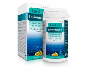 Bote Laviomega 3 en capsulas con complemento alimenticio.