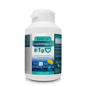 Bote Laviomega 3 1 gramo en capsulas con complemento alimenticio.