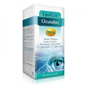 Bote de perlas Ocusalux para mejorar la salud ocular.